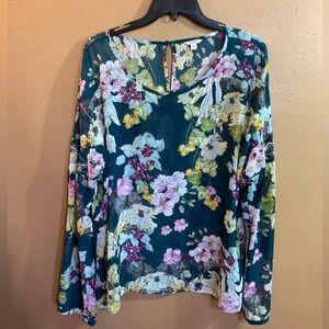 Guess Sheer Green Floral Long Sleeve Women's Blouse XL